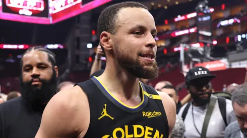 Stephen Curry #30 of the Golden State Warriors reacts after defeating the Houston Rockets 103-89 in Game Seven of the Western Conference First Round NBA Playoffs at Toyota Center on May 04, 2025 in Houston, Texas.
