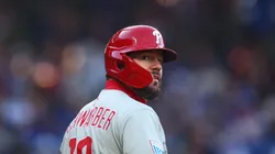 Kyle Schwarber #12 of the Philadelphia Phillies looks on during the first inning against the Chicago Cubs at Wrigley Field on April 27, 2025 in Chicago, Illinois.
