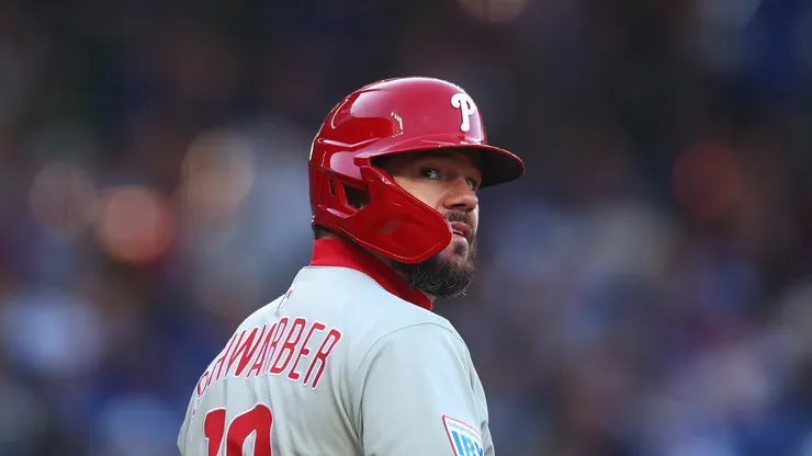 Kyle Schwarber #12 of the Philadelphia Phillies looks on during the first inning against the Chicago Cubs at Wrigley Field on April 27, 2025 in Chicago, Illinois.