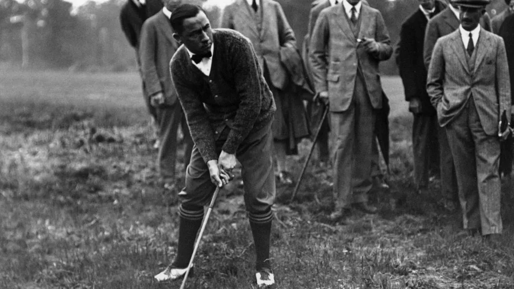 Walter Hagen of the US in action during a golf match between England and America in July, 1920. (Source: Allsport Hulton/Archive – Getty Images)