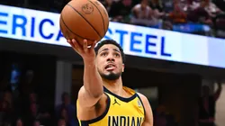 Tyrese Haliburton #0 of the Indiana Pacers shoots over Jarrett Allen #31 of the Cleveland Cavaliers during the fourth quarter of game one of the Eastern Conference Semifinals