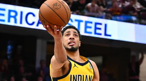 Tyrese Haliburton #0 of the Indiana Pacers shoots over Jarrett Allen #31 of the Cleveland Cavaliers during the fourth quarter of game one of the Eastern Conference Semifinals