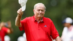 Jack Nicklaus of the United States tips his cap on the 18th hole as he participates in the Folds of Honor Greats of Golf during the second round of the Insperity Invitational in 2024.