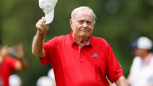 Jack Nicklaus of the United States tips his cap on the 18th hole as he participates in the Folds of Honor Greats of Golf during the second round of the Insperity Invitational in 2024.