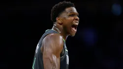 Anthony Edwards #5 of the Minnesota Timberwolves reacts during a 103-96 win over the Los Angeles Lakers in Game Five of the Western Conference First Round NBA Playoffs at Crypto.com Arena on April 30, 2025 in Los Angeles, California.