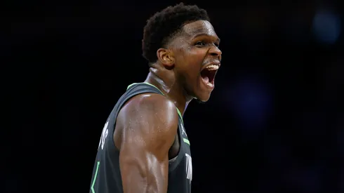 Anthony Edwards #5 of the Minnesota Timberwolves reacts during a 103-96 win over the Los Angeles Lakers in Game Five of the Western Conference First Round NBA Playoffs at Crypto.com Arena on April 30, 2025 in Los Angeles, California.