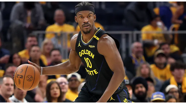 Jimmy Butler III #10 of the Golden State Warriors dribbles the ball against the Houston Rockets in Game Six of the Western Conference First Round NBA Playoffs at Chase Center on May 02, 2025 in San Francisco, California.