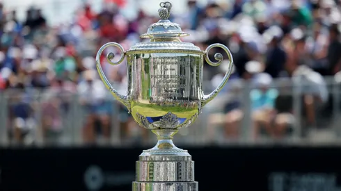 A detailed view of the Wanamaker Trophy is seen near the first tee during the final round of the 2024 PGA Championship at Valhalla Golf Club on May 19, 2024.