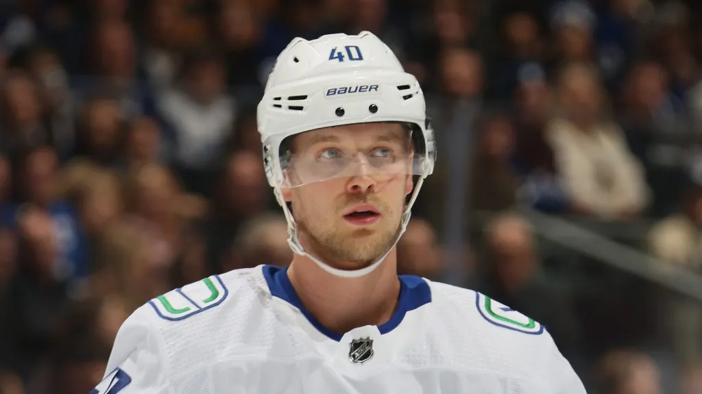 Elias Pettersson #40 of the Vancouver Canucks skates against the Toronto Maple Leafs at Scotiabank Arena on November 11, 2023 in Toronto, Ontario, Canada.