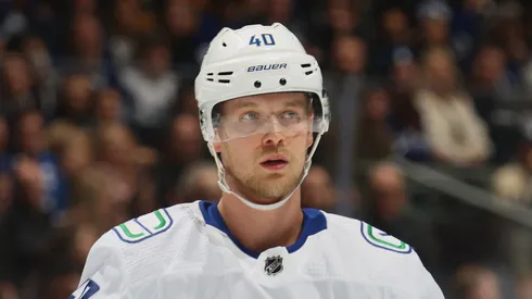 Elias Pettersson #40 of the Vancouver Canucks skates against the Toronto Maple Leafs at Scotiabank Arena on November 11, 2023 in Toronto, Ontario, Canada.