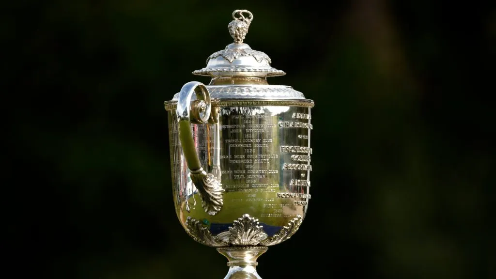 A detailed view of the Wanamaker Trophy as seen on the first tee during the final round of the 2021 PGA Championship held on May 23, 2021. (Source: Cliff Hawkins/Getty Images)