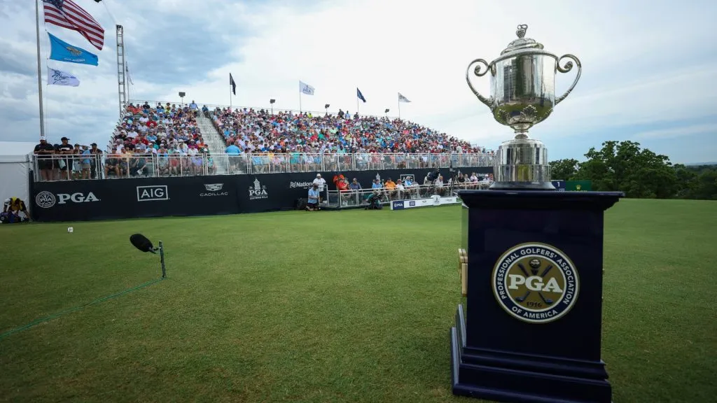 The Wanamaker trophy is seen on the first tee during the first round of the 2022 PGA Championship at Southern Hills Country Club on May 19, 2022. (Source: Christian Petersen/Getty Images)