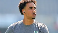 Jordan Love #10 of the Green Bay Packers looks on prior to a game against the Chicago Bears at Soldier Field on September 10, 2023 in Chicago, Illinois.