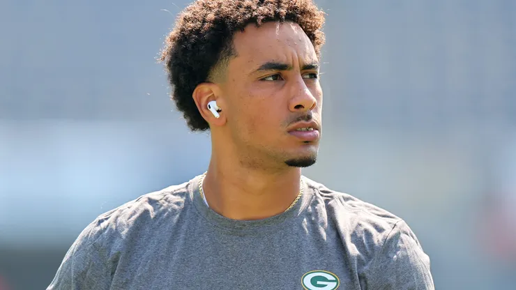 Jordan Love #10 of the Green Bay Packers looks on prior to a game against the Chicago Bears at Soldier Field on September 10, 2023 in Chicago, Illinois.
