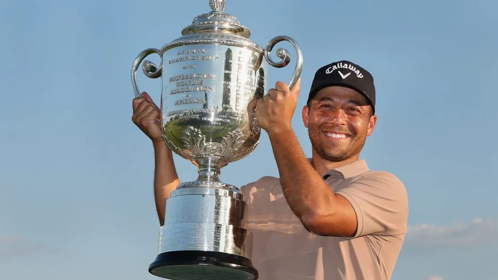 Xander Schauffele of the United States poses with the Wanamaker Trophy after winning the 2024 PGA Championship at Valhalla Golf Club on May 19, 2024. (Source: Christian Petersen/Getty Images)