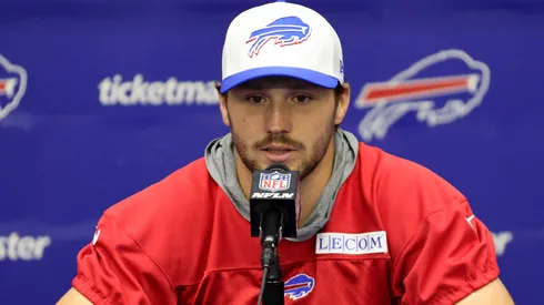 Josh Allen speaks with media after Buffalo Bills mandatory mini camp on June 11, 2024 in Orchard Park, New York.
