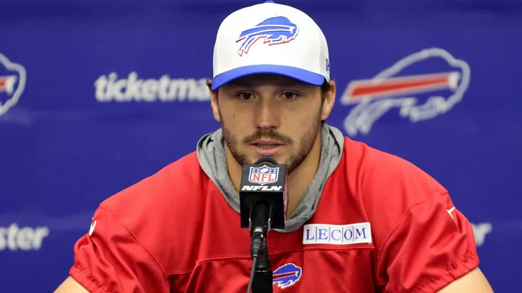 Josh Allen speaks with media after Buffalo Bills mandatory mini camp on June 11, 2024 in Orchard Park, New York.