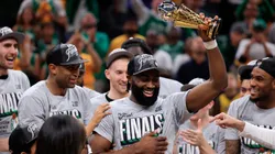 Jaylen Brown #7 of the Boston Celtics accepts The Larry Bird Trophy after winning Game Four of the Eastern Conference Finals at Gainbridge Fieldhouse on May 27, 2024.