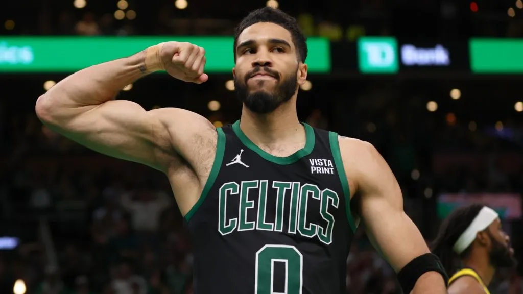 Jayson Tatum #0 of the Boston Celtics reacts after a play during the fourth quarter in Game Two of the Eastern Conference Finals against the Indiana Pacers on May 23, 2024. (Source: Maddie Meyer/Getty Images)