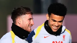 Alexis Mac Allister of Liverpool speaks to teammate Luis Diaz during the UEFA Champions League 2024/25 League Phase