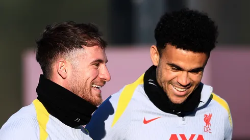 Alexis Mac Allister of Liverpool speaks to teammate Luis Diaz during the UEFA Champions League 2024/25 League Phase