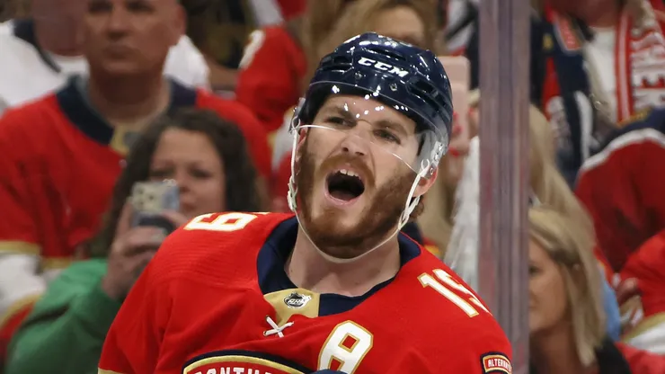 Matthew Tkachuk #19 of the Florida Panthers yells at a Carolina Hurricanes player in Game Three of the Eastern Conference Final of the 2023 Stanley Cup Playoffs at FLA Live Arena on May 22, 2023 in Sunrise, Florida.