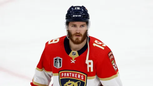 Matthew Tkachuk #19 of the Florida Panthers warms up prior to Game Four of the 2023 NHL Stanley Cup Final against the Vegas Golden Knights at FLA Live Arena on June 10, 2023 in Sunrise, Florida.