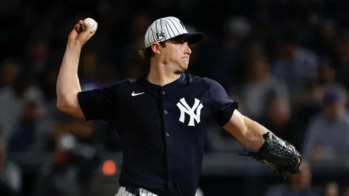 Gerrit Cole #45 of the New York Yankees throws a pitch in the second inning during a spring training game against the Toronto Blue Jays at George M. Steinbrenner Field on February 28, 2025 in Tampa, Florida.