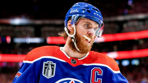 Connor McDavid #97 of the Edmonton Oilers looks on during the first period of Game Six of the 2024 Stanley Cup Final against the Florida Panthers at Rogers Place on June 21, 2024 in Edmonton, Alberta.