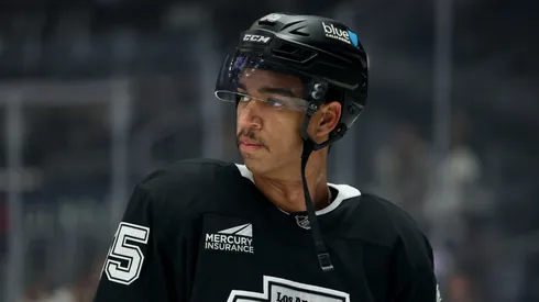 Quinton Byfield #55 of the Los Angeles Kings during warm up before the game against the Buffalo Sabres at Crypto.com Arena on November 20, 2024 in Los Angeles, California.