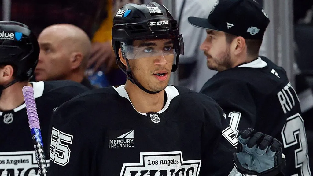 Quinton Byfield #55 of the Los Angeles Kings celebrates a goal against the Anaheim Ducks in the first period at Crypto.com Arena on April 10, 2025 in Los Angeles, California.