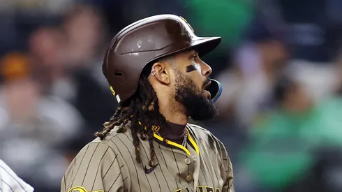 Fernando Tatis Jr. #23 of the San Diego Padres reacts after a called strike during the sixth inning against the New York Yankees at Yankee Stadium on May 05, 2025 in the Bronx borough of New York City.