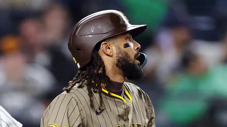 Fernando Tatis Jr. #23 of the San Diego Padres reacts after a called strike during the sixth inning against the New York Yankees at Yankee Stadium on May 05, 2025 in the Bronx borough of New York City.