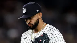 Devin Williams #38 of the New York Yankees reacts after he is pulled from the game in the ninth inning against the Toronto Blue Jays at Yankee Stadium on April 25, 2025 in the Bronx borough of New York City. The Toronto Blue Jays defeated the New York Yankees 4-2.