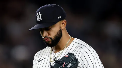 Devin Williams #38 of the New York Yankees reacts after he is pulled from the game in the ninth inning against the Toronto Blue Jays at Yankee Stadium on April 25, 2025 in the Bronx borough of New York City. The Toronto Blue Jays defeated the New York Yankees 4-2.