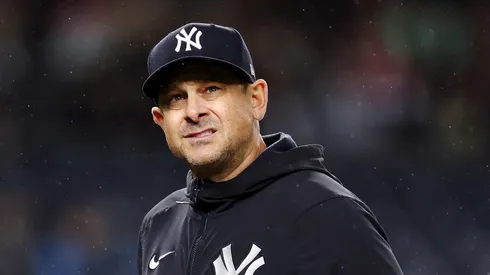 Manager Aaron Boone #17 of the New York Yankees looks on during the eighth inning against the San Diego Padres at Yankee Stadium on May 05, 2025 in the Bronx borough of New York City. The Padres won 4-3.