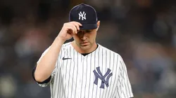 Pitcher of the New York Yankees looks on after pitching during the sixth inning against the Texas Rangers at Yankee Stadium on September 21, 2021 in the Bronx borough of New York City.
