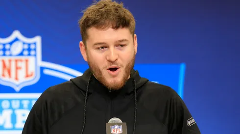 Quinn Ewers #QB04 of Texas speaks to the media during the 2025 NFL Scouting Combine at Lucas Oil Stadium on February 28, 2025 in Indianapolis, Indiana.