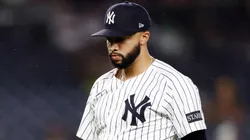 Devin Williams #38 of the New York Yankees comes out of the game during the eighth inning against the San Diego Padres at Yankee Stadium on May 05, 2025 in the Bronx borough of New York City. The Padres won 4-3.