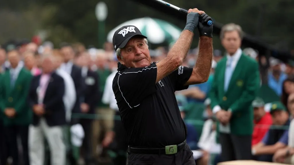 Gary Player of South Africa plays his shot during the first tee ceremony prior to the first round of the 2023 Masters Tournament at Augusta National Golf Club on April 06, 2023. (Source: Patrick Smith/Getty Images)