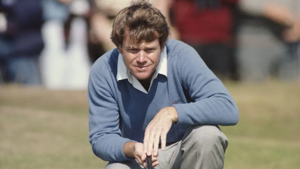 Tom Watson of the United States lines up a putt during the 111th Open Championship on 18th July 1982. (Source: Bob Martin/Allsport/Getty Images)