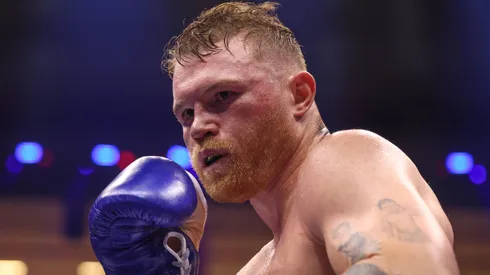 : Saul "Canelo" Alvarez and William Scull (L-R) on the Fatal Fury City of Wolves card at ANB Arena on May 03, 2025 in Riyadh, Saudi Arabia.