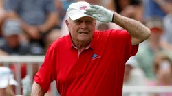 Jack Nicklaus of the United States pretends to watch his tee shot on the 10th hole during the Greats of Golf exhibition on May 4, 2024.