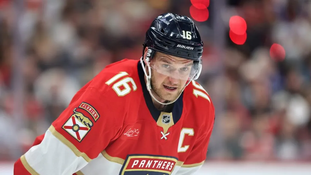 Aleksander Barkov #16 of the Florida Panthers looks on during the first period against the Tampa Bay Lightning in Game Four of the First Round of the 2025 Stanley Cup Playoffs at Amerant Bank Arena on April 28, 2025 in Sunrise, Florida.