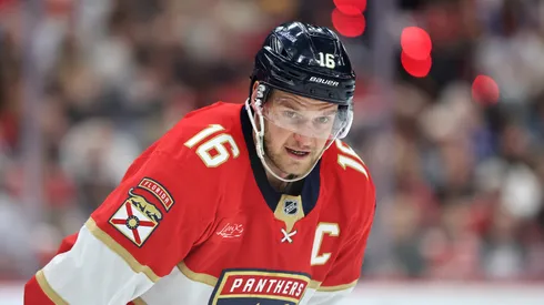 Aleksander Barkov #16 of the Florida Panthers looks on during the first period against the Tampa Bay Lightning in Game Four of the First Round of the 2025 Stanley Cup Playoffs at Amerant Bank Arena on April 28, 2025 in Sunrise, Florida.