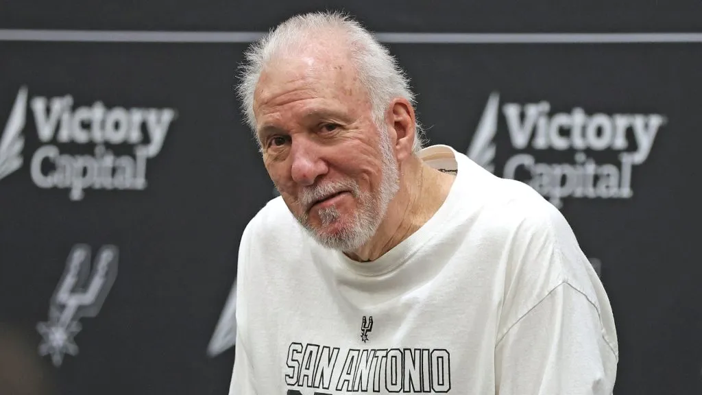 Gregg Popovich of the San Antonio Spurs address the media at the San Antonio Spurs Media Day at the Victory Capital Performance Center on September 30, 2024. (Source: Ronald Cortes/Getty Images)