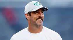 Aaron Rodgers #8 of the New York Jets throws the ball during warmups before the first half of a preseason game against the Tampa Bay Buccaneers at MetLife Stadium on August 19, 2023 in East Rutherford, New Jersey.