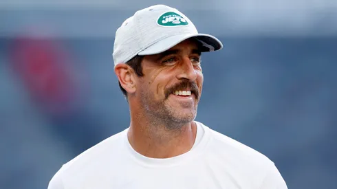 Aaron Rodgers #8 of the New York Jets throws the ball during warmups before the first half of a preseason game against the Tampa Bay Buccaneers at MetLife Stadium on August 19, 2023 in East Rutherford, New Jersey.