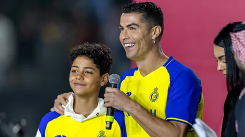 Cristiano Ronaldo accompanied by his partner Georgina Rodriguez and his son Cristiano Ronaldo Jr, greet the crowd during the official unveiling of Cristiano Ronaldo as an Al Nassr player at Mrsool Park Stadium on January 3, 2023 in Riyadh, Saudi Arabia.