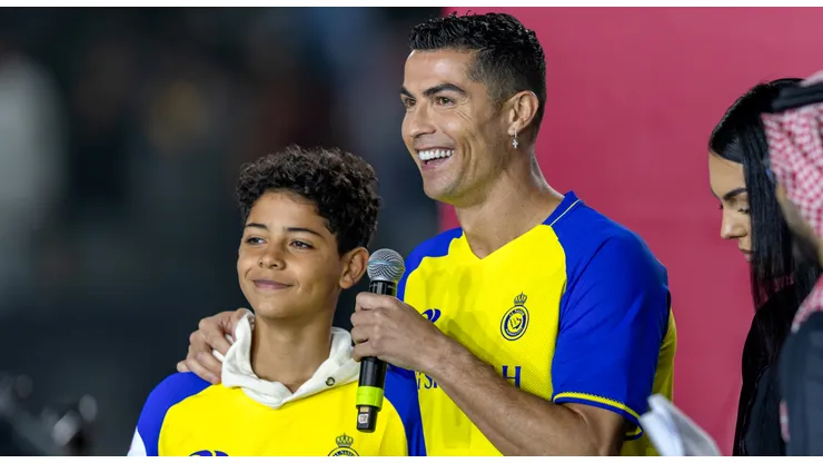 Cristiano Ronaldo accompanied by his partner Georgina Rodriguez and his son Cristiano Ronaldo Jr, greet the crowd during the official unveiling of Cristiano Ronaldo as an Al Nassr player at Mrsool Park Stadium on January 3, 2023 in Riyadh, Saudi Arabia.